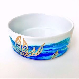 BOWL Hand Painted green, blue, gold leaves ceramic dish